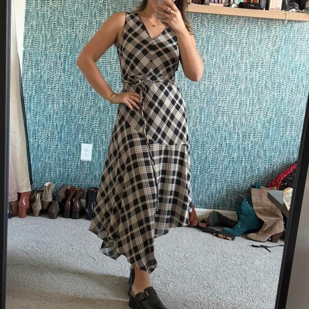 Vince Camuto plaid asymmetrical midi dress